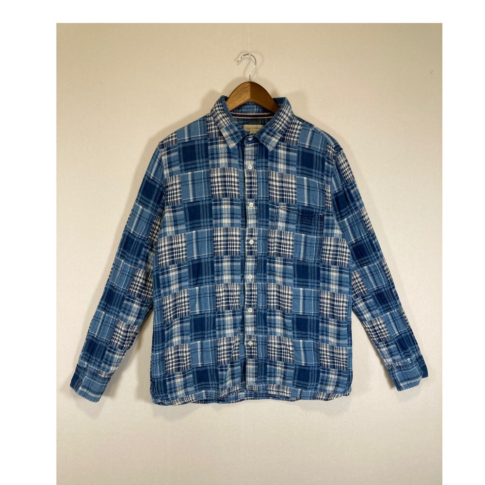 Coastal Americana Sun + Stone Mens XL Blue Patchwork Plaid Cotton Button Down